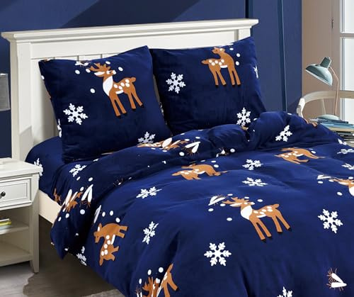 Cotton Market Bettwäsche 135x200 cm - Mikrofaser Weihnachts-Set 2-Teilig - Bettbezug und Kissenbezug 70x80 cm - Marineblau, Rentier