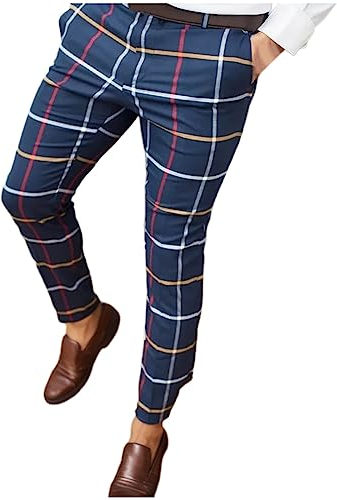Neue 2024 AI männer Casual Plaid Print Bleistift Hosen Reißverschluss Elastische Taille Hosen Größe 13, dunkelblau, 27-32