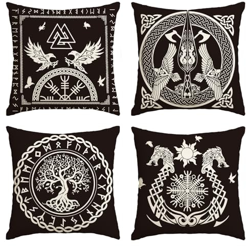 Artoid Mode Wikinger Baum des Lebens Rabe Helm der Ehrfurcht Kissenbezüge 4er Set, 40x40cm Zierkissenbezug Cushion Cover Couch Wohnzimmer Deko