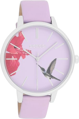 Oozoo Damenuhr mit Lederband 42 MM Colours of Summer Hibiskus und Kolibri Flieder C11068