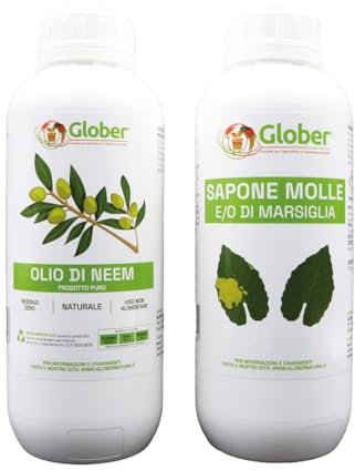 GLOBER Olio di Neem + Sapone molle liquido - Protegge Piante Orto e Giardino - Rimedio Naturale ed Ecologico contro Insetti - (2 x 1 litro)