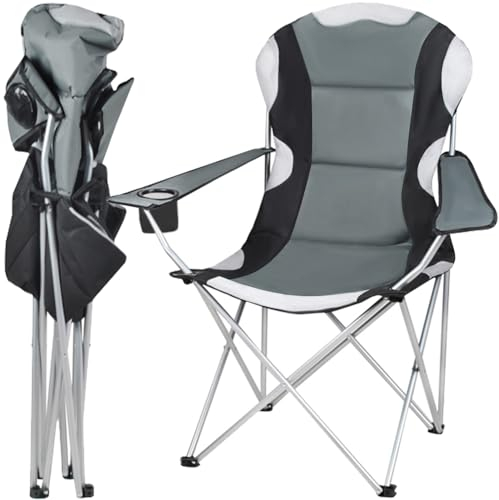 TRIZAND Campingstuhl Angelstuhl Anglerstuhl Klappbar mit Armlehne und Getränkehalter Ergonomisch Belastbar Tragetasche Schwarz-Grau 23674