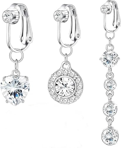Meifiyu Fake Bauchnabelpiercing 3stück Bauchnabelpiercing Lang,Bauchnabelpiercing Ring,Bauchnabelpiercing Fake CZ Herzförmiger Kristallkugel Anhänger,Silbernes Bauchnabelpiercing, Geeignet für Frauen