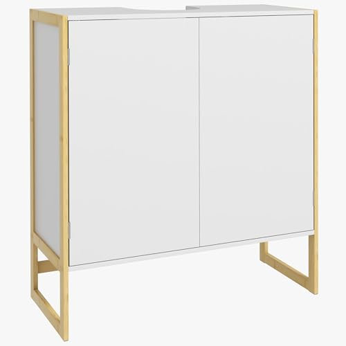 HOMCOM Meuble sous Vasque Meuble de Salle de Bain 2 Portes avec étagère réglable Armoire de Rangement pour lavabo 70L x 33l x 79,5H cm Bois et Bambou