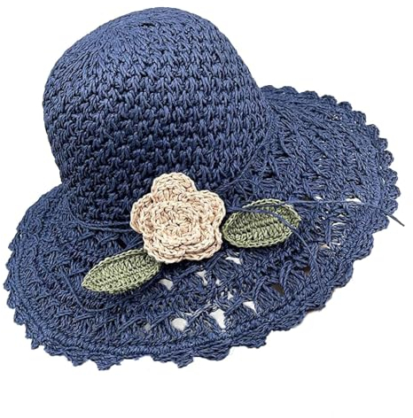 Sombreros de paja de ganchillo | Sombreros de sol de flores de ganchillo - Sombrero flexible para mujer, sombreros suaves para actividades al aire libre, playa azul marino, azul marino