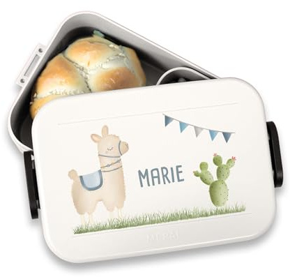 hellomini Mepal Brotdose - Personalisiert - Brotdose Kinder mit Fächern - Snackbox mit Fächern - Lunchbox, Bento Box Geschenk zu Einschulung - Einschulungsgeschenk (Alpaka, Grün)
