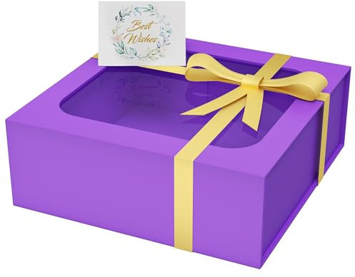 PSHVYM Geschenkbox mit Fenster, 19,1 x 19,1 x 7,6 cm, in lila Geschenkbox für Geschenke, magnetische Deckel, zusammenklappbar, für Brautjungfer, Antragsbox, Hochzeit, Geburtstag, Weihnachten, enthält