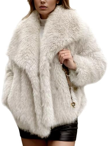 Yimoon Kunstfellmantel für Damen mit Revers, vorne offen, flauschig, zottelig, Winterjacke, pelzähnlich, warm