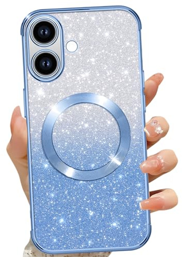 Phoona für iPhone 16 6,1 Hülle, Magnetisch Handyhülle Kompatibel mit MagSafe, Keine Vergilbung, Kratzfeste, Ganzkörperschutz Glitzer Hülle für iPhone 16 Mit 2 Schutzfolie, Blau