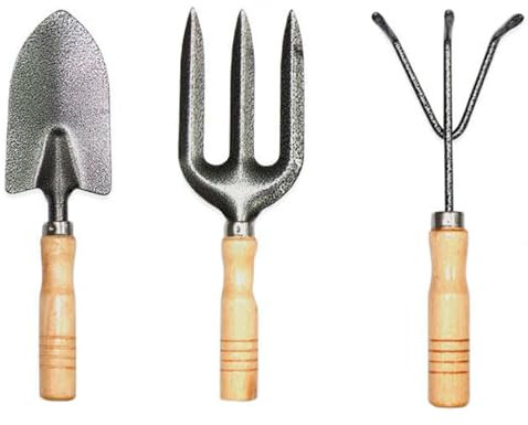 Acan Tradineur - Set de 3 Mini Herramientas de jardín con Mango de Madera, Quitar Malas Hierbas, huerto, Cultivos, jardinería, fácil manejo - 24,5 cm