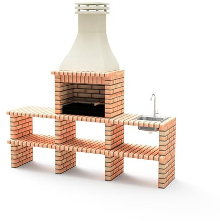 MOVELAR - Barbacoa de Obra Modelo KHIVA PLUS CON 2 SOPORTES LATERALES COMPLETOS CON FREGADERO Y GRIFO Y CON PARRILLA (239 x 58 x 246 cm) REF: M01027 - Uso en Exteriores (NARANJA)