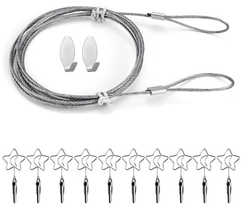 Cuerda para fotos con pinzas, cuerda de alambre para fotos con 10 soportes de fotos de metal, 160 cm x 2 mm, cadena de acero con ojales y ganchos para colgar fotos y dibujos infantiles, soporte para