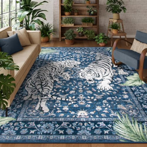 Moynesa Teppich mit Tigermotiv, groß, waschbar, Boho, für Wohnzimmer, Vintage, rutschfest, für Esszimmer unter dem Tisch, ultradünn, weicher Bodenteppich für Büro, Schlafzimmer, 244 x 305 cm, Blau