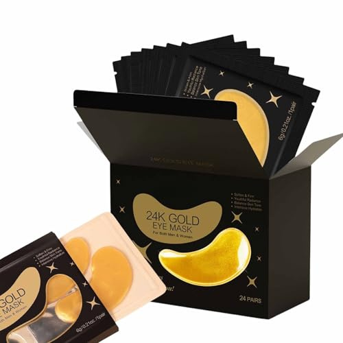 Unteraugen-Patches (24 Paar), 24 Karat Gold, natürliche Gel-Patches, Kollagen-Augenmasken, gegen Augenringe, selbstpflegende Maske für Tränensäcke, geschwollene Augen, Faltenpflaster, für Damen und