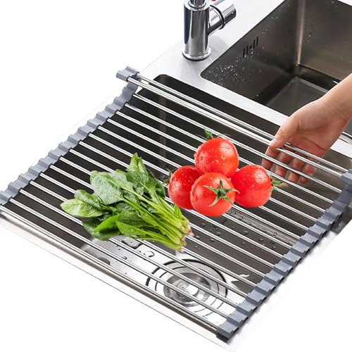 GmwyCzV Escurreplatos Plegable, Escurridor de Platos Enrollable, Escurreplatos sobre Fregadero de Acero Inoxidable 304, Escurreplatos para Ollas Cocina, Vajilla, Frutas y Verduras (43 x 36 cm, Gris)