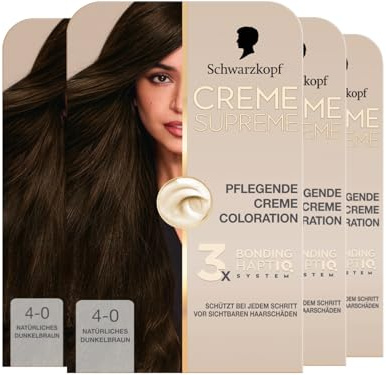 Schwarzkopf Creme Supreme Coloration 4-0 Natürliches Dunkelbraun (4x 182 ml), dauerhafte Haarfarbe mit Serum und Haar-Maske schützt vor sichtbaren Haarschäden, für 100% Grauabdeckung
