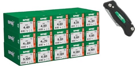 Kit de vis SPAX pour bricoleurs, 5900 vis à filetage partiel en 15 dimensions, avec outil multifonctions, pour la construction en bois, les travaux intérieurs et extérieurs, taille Pro, 8000000294587