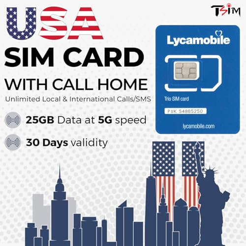 USA SIM-Karte für Reisen – 25 GB 5G-Daten, Unbegrenzte lokale & Internationale Anrufe/SMS | 30-Tage Prepaid-Tarif | Hotspot/Tethering erlaubt – Kostenlos nach Hause telefonieren!