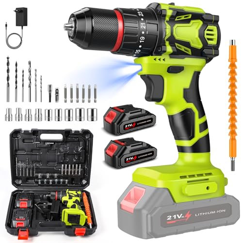 Taladro Percutor a Bateria, 70 Nm Destornillador Electrico con 2 x 1.5Ah Baterías, 25+3 Ajuste de Par, 2 Velocidades, Luz LED, 10mm Portabrocas Metálica, para Reparaciones en El Hogar (Verde)