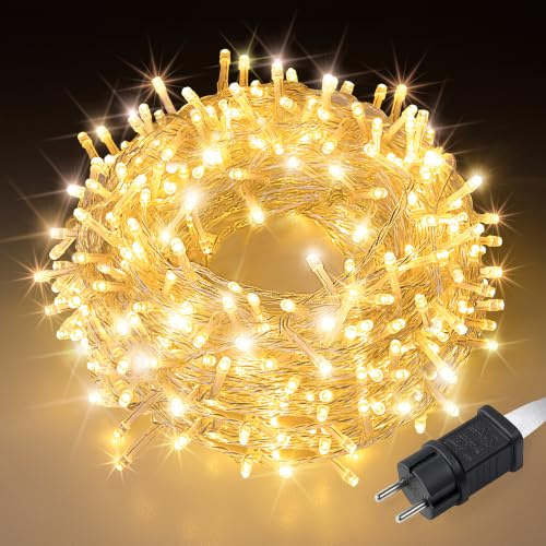 LEECOCO Lichterkette Außen 20m 200 LED, Warmweiß, 8 Modi, IP44 Wasserdicht, Transparentes Kabel, Strombetrieben für Garten, Weihnachten, Hochzeit, Party, Innen & Außenbereich (Warmweiß, 20m 200 LED)