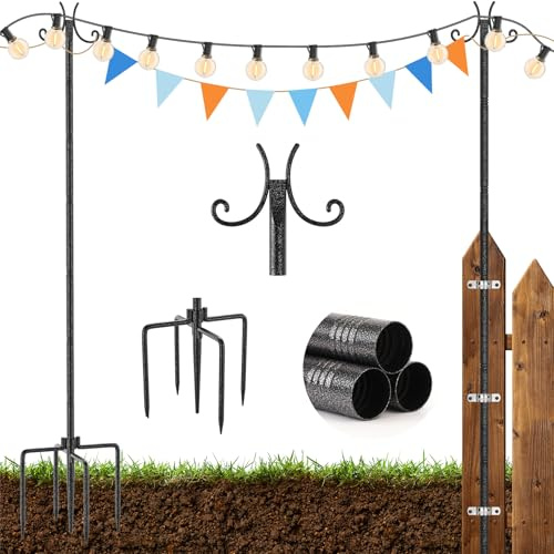 StarryEver Schäferhaken Garten Stangen mit 2-Haken, 2 Stück 3m Höhenverstellbar Heavy Duty Metall Gartenstecker mit Hammerfinish-Oberfläche, Laternenhalter für Laternen, Pflanzenkörbe Lichterkette