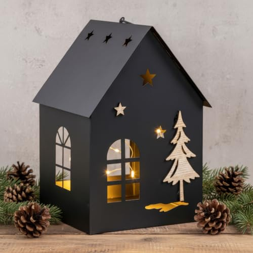 levandeo LED Laterne Haus H25cm Metall Schwarz Deko Windlicht Timer Industrial Style Lichtdeko Lichterhaus Weihnachtsdeko Winterdekor