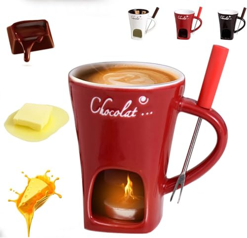 Chocolate Fondue Mug with Forks, Chocolate Fondue Cup, Ceramic Chocolate Melting Cup, Fondue Heated with a Tealight, Warmer Mug for Candy Snack Caramel Party (A - Red)