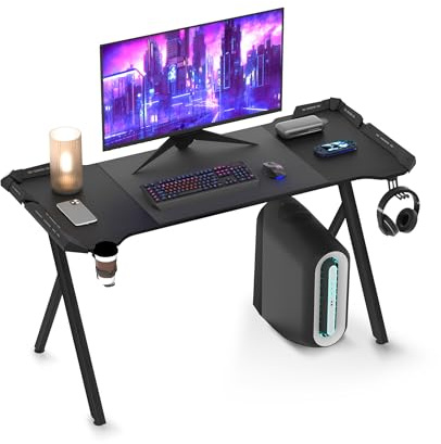 XMTECH Gaming Tisch Schwarz mit RGB LED, Carbon Tischplatte, 140 cm PC Schreibtisch, Computertisch, Y-förmige Beine, ergonomisch, Becherhalter & Kopfhörerhaken, für Gaming, Streaming & Homeoffice