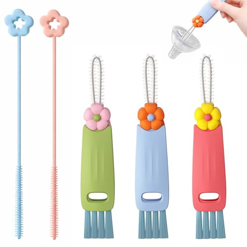 5Pcs 3 in 1 Cup Lid Cleaning Brush With Flower Crevice Cleaning Brush | Portable Multifunctional Kitchen Cleaning Tools For Deep Clean Cups Lids Bottle Gap Tight Spaces