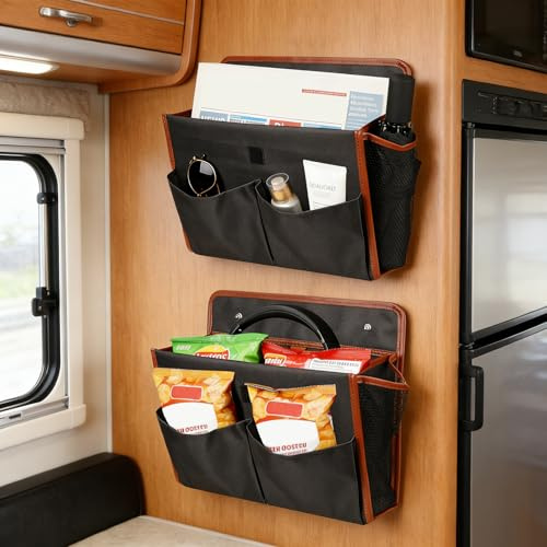 Motorhome Organizer, 2 Packs Campervan Storage with Front Pocket & Additional Side Net Bag, Wall Hanging Organizer with PU Edge, Foldable Self-adhesive Motorhome Accessories for Office Bedroom Camper