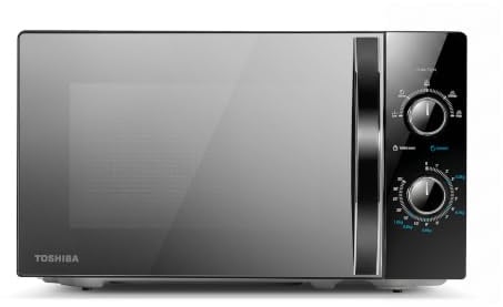 TOSHIBA Black Mirror Front Microwave 20 Liter 700W Manual Control, Compact with 5 Power Levels, Automatic Defrost, Perfect for 9'' Pizza, Clock and Timer, Easy Clean, MW2-MM20PF(MB)