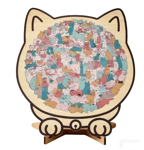 Vordpe Puzzle a forma di gatto, puzzle irregolare con supporto, 135 pezzi, puzzle in legno colorato per adulti, regalo creativo per gli amanti dei gatti (C)