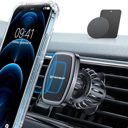 Techsuit Auto Handyhalter für Lüftungsgitter, Magnetisch N52, 360 Grad Drehung, Ausziehbare Klemme, mit Metallplatten, ABS Material, Universal, Schwarz