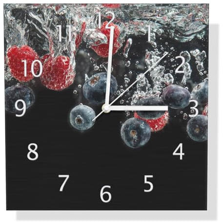Wallario Design Wanduhr Waldfrüchte im Wasser aus Aluverbund, Alu-Uhr Größe 30 x 30 cm, weiße Zeiger mit Metalloptik