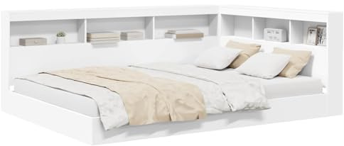 vidaXL Bücherregal-Bett mit Kopfteil Weiß 135 x 190 cm Holzwerkstoff, Schlafzimmer, moderner, robuster Bettgestell, rechteckige Aufbewahrungslösungen, stylisches Bücherregal