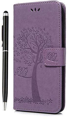 iVOYI for Samsung Galaxy J6 Case 2018 J6 Phone Case Premium PU Leather Flip Owl Tree Case Cover for Samsung Galaxy J6 2018 Kickstand Card Holder & 1 Touch Pen, Light Purple