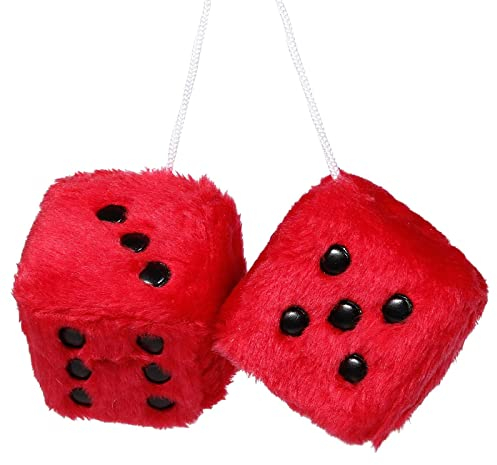 YGMONER Paar Retro Quadratischer Spiegel Hängendes Paar Fuzzy Plüschwürfel mit Punkten für Autoinnendekoration (rot)