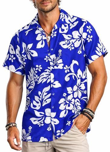 King Kameha Herren Hawaiihemd Kurzarm – Sommer Aloha Shirt mit Hibiskus-Print, leicht und pflegeleicht