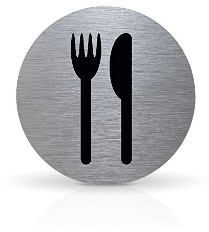 Betriebsausstattung24® Türschild Piktogramm Cafeteria/Restaurant- Rundes Hinweisschild aus Aluminium - Für Ihre Tür & Wand - Silber - Durchmesser Ø 7,0 cm - Inkl. Klebepad