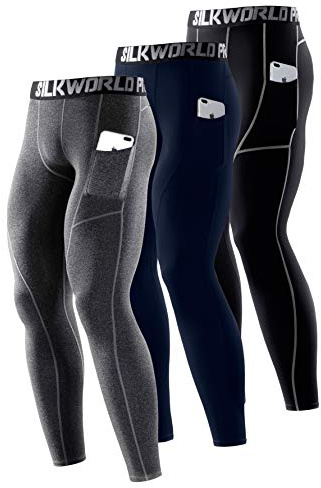 SILKWORLD Men's Compression Pants Pockets Cool Dry Gym Leggings Baselayer Running Tights (Medium, Pack of 3: Dark Navy Blue+Black(Grey Stripe)+Hemp Gray)