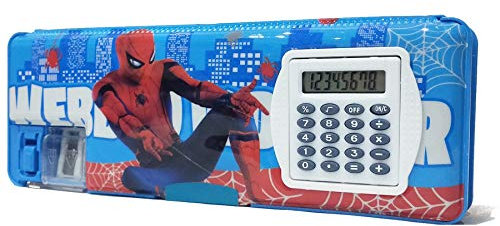 Shifaa Enterprise Multipurpose Magnetic Pencil Box with Calculator & Dual Sharpener for Girls & Boys for School | Big Size Cartoon Printed Pencil Case for Kids (Spiderman Blue)Plastic,Pack of 1 set