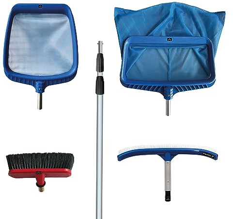 FenWi 4m Komplett Set zur Poolreinigung und Teichreinigung / 2X Kescher und 2X Bürste/Teleskopstange mit Oberflächenkescher Tiefenkescher Poolbürste Teichbürste