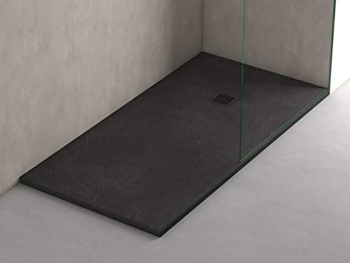 Plato Ducha Resina Efecto Pizarra Extraplano, Resistente al Rayado y Alta Durabilidad, Fácil Instalación y Limpieza y Muy Agradable al Tacto 80x170 Negro