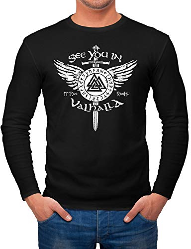 Neverless® Herren Longsleeve See You in Valhalla Schwert Runen Odin Vikings Langarm-Shirt Fashion Streetstyle schwarz M