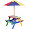 GIANTEX Kindersitzgruppe mit Sonnenschirm, Kinder Sitzgarnitur Gartengarnitur 1 Tisch & 2 Bänke, Kindermöbel Gartenmöbel Set bunt, Picknick Set aus massivem Holz, Sitzgruppe für Garten Balkon Camping