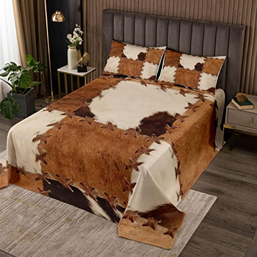 richhome Rindsleder-Patchwork Bettüberwurf Steppdecke 240x260,Farmhaus-Viehhaut Tagesdecke für Jungen Mädchen,Nähen von Kuhfellen Bettüberwurf Gesteppte Decke Ultra weich