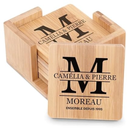 Maverton Set de 6 sous-Verres personnalisés pour Couples en Bois de Bambou | 7,7 cm x 7,7 cm, pour Une Tasse de café ou thé, Couleur Naturelle, pour Anniversaire, Cadeau Femme, Homme, Jeunes mariés