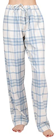 JTPW Women's 100% Cotton Super Soft Flannel Pajama/Lounge Bottoms with Pockets, Blue Cream Plaid, Size: S