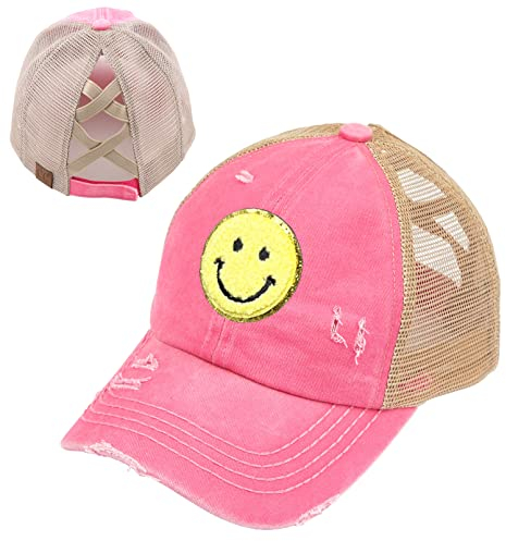 Funky Junque Baseballkappe mit überkreuztem Spruch für Damen, Baseballkappe, bestickt, unordentlicher Dutt, Trucker, Ponycap, Smiley-Gesicht – Rosa/Gelb, Einheitsgröße