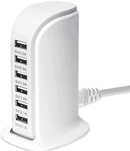 Cargador USB, estación de Carga USB de 30W y 6 Puertos concentrador USB Cargador de Pared USB Compatible con iPhone 12/13/14/15/16/Samsung S22/S23/S24/Xiaomi/Huawei/Oppo/Tablet, etc. (Blanco)